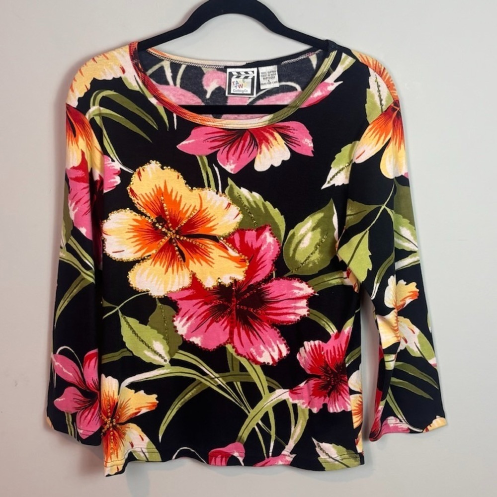 VTG Take Two Womens 100% Cotton Floral Sequin 3/4 Sleeve Stretch Blouse sz Large